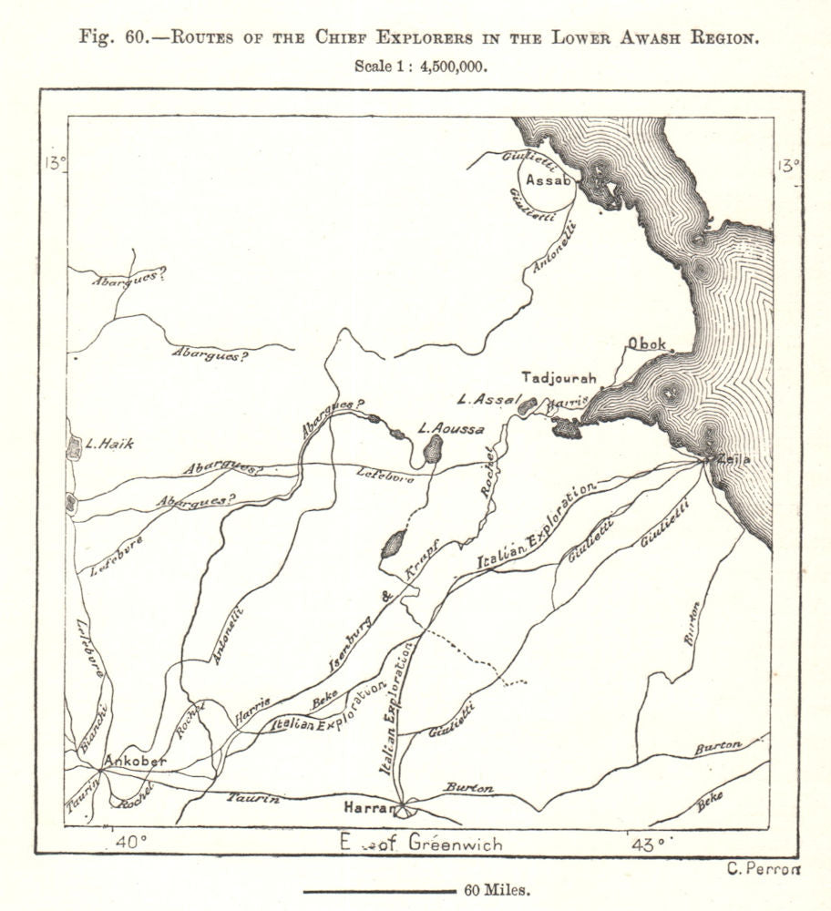 Lower Awash Region explorers routes. Djibouti. Sketch map 1885 old antique